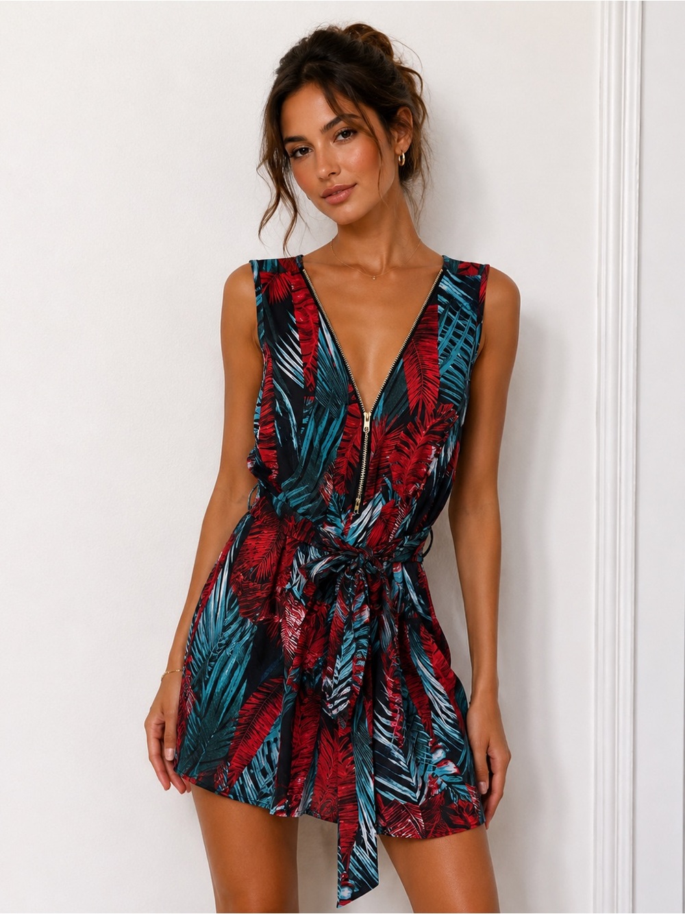 Desigual Tropical Leaf V-Neck Swim Coverup in Blue and Red